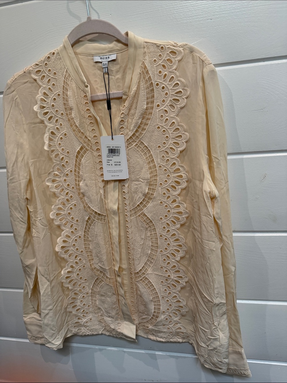 Reiss Karina Cream Eyelet Lace-Trim Button Blouse 8 NWT - Picture 2 of 7